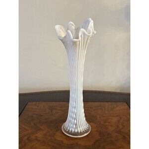 Vintage Fenton White Opalescent Diamond & Column 12.5" Vase VTG MCM Handblown
